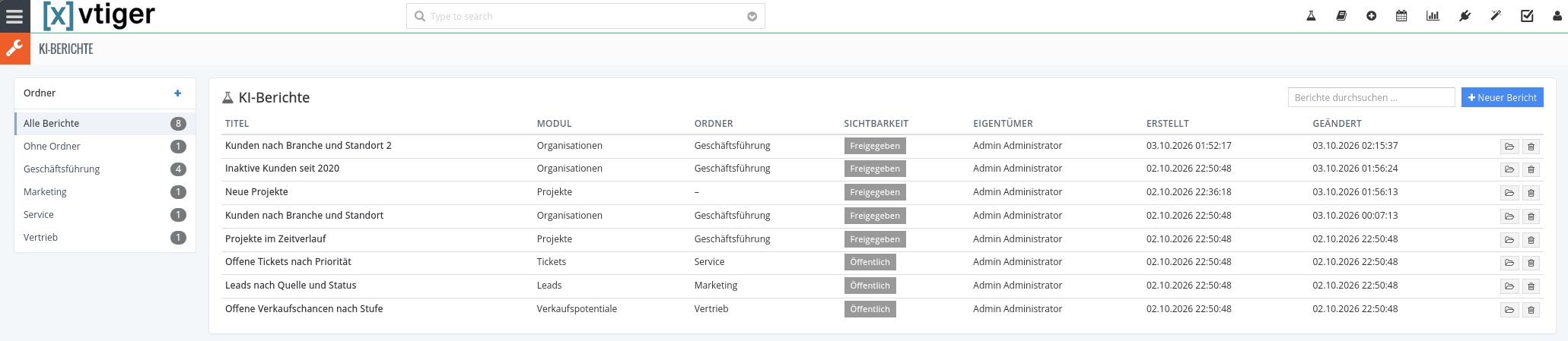 Übersicht der KI-Berichte mit Ordner-Seitenleiste und Liste aller Berichte mit Modul, Ordner, Sichtbarkeit, Eigentümer und Änderungsdatum
