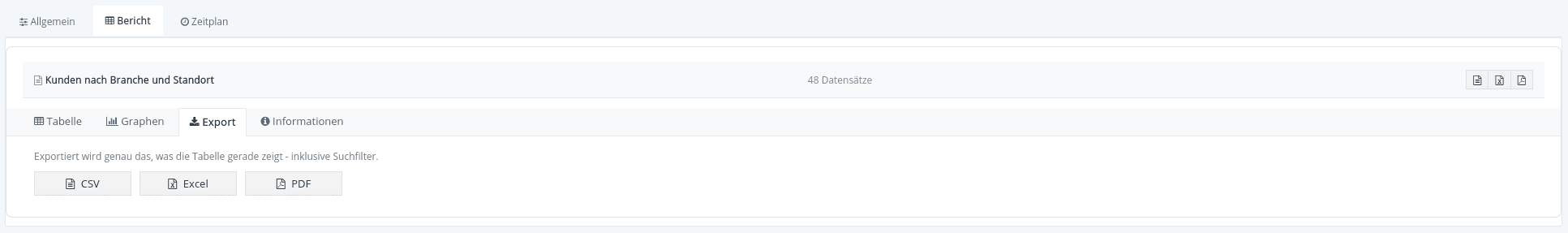 Unterreiter Export eines KI-Berichts mit den Schaltflächen CSV, Excel und PDF