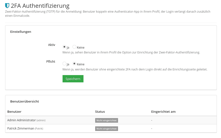 Administration der Zwei-Faktor-Authentifizierung mit den Einstellungen Aktiv und Pflicht sowie einer Übersicht zum 2FA-Status der Benutzer