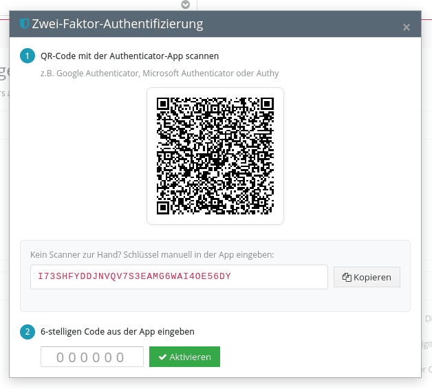 Einrichtungsdialog für die Authenticator-App mit QR-Code-Bereich, manuellem Schlüssel und Bestätigung durch einen sechsstelligen Code