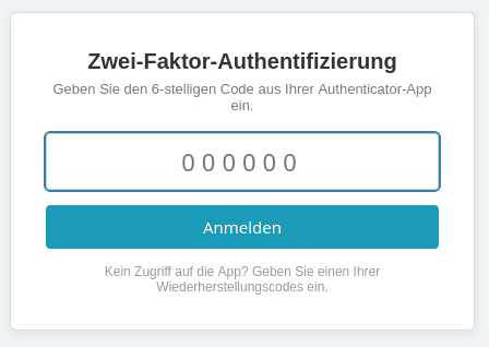 Zusätzliche Code-Abfrage beim vtiger-Login mit Eingabefeld, Anmelden-Schaltfläche und Hinweis auf Wiederherstellungscodes