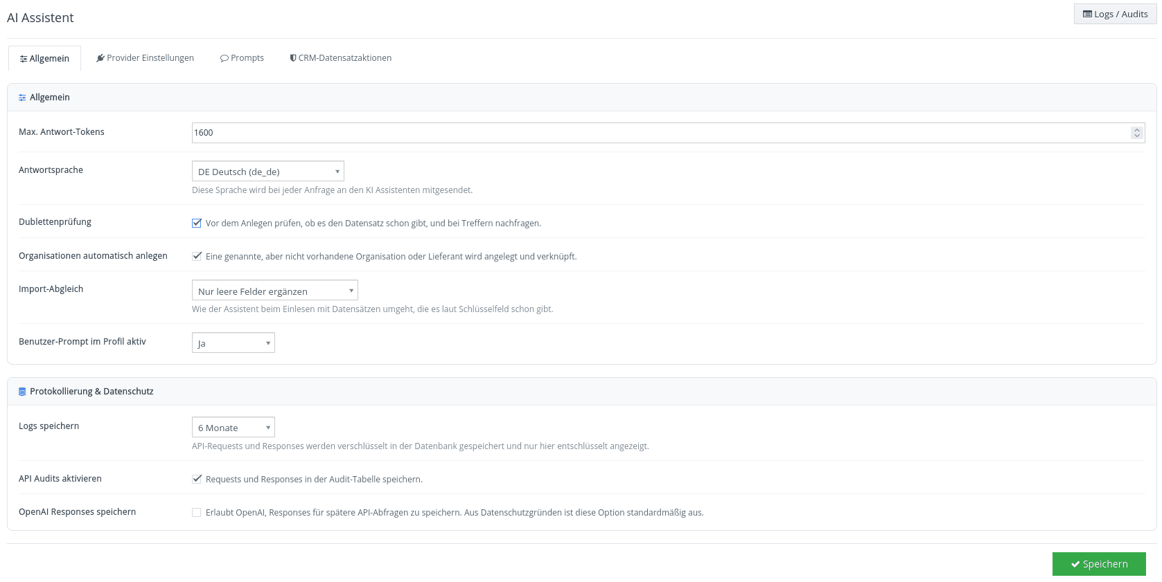 Allgemeine Einstellungen des KI-Assistenten mit maximalen Antwort-Tokens, Antwortsprache sowie dem Bereich Protokollierung und Datenschutz