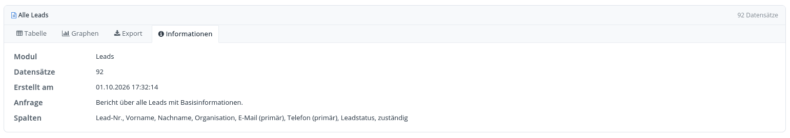 Reiter Informationen eines Berichts mit Angaben zu Modul, Anzahl der Datensätze, Erstellungszeitpunkt, zugrunde liegender Anfrage und gewählten Spalten