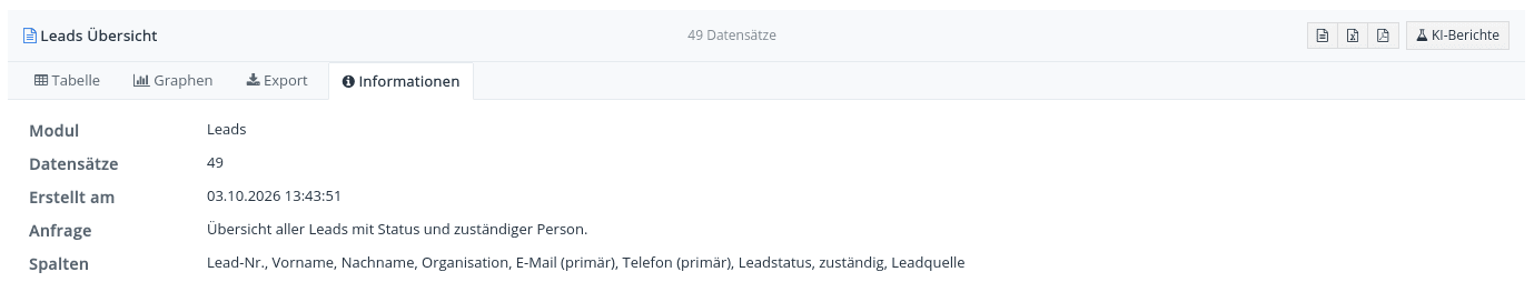Reiter Informationen eines Berichts mit Angaben zu Modul, Anzahl der Datensätze, Erstellungszeitpunkt, zugrunde liegender Anfrage und gewählten Spalten