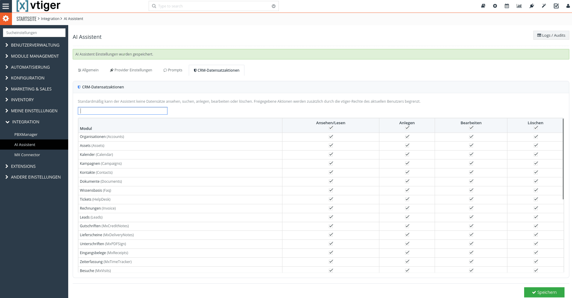 Einstellungsseite CRM-Datensatzaktionen mit einer Modulliste und Kontrollkästchen für Ansehen/Lesen, Anlegen, Bearbeiten und Löschen je Modul