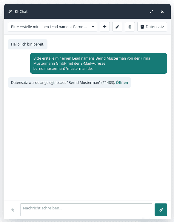 KI-Chat-Fenster in vtiger: Anweisung zum Anlegen eines Leads und Bestätigung, dass der Datensatz mit Nummer angelegt wurde