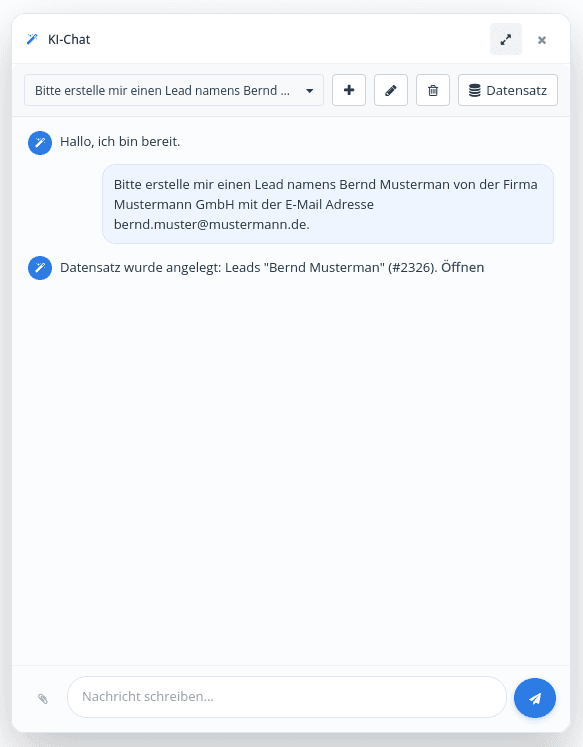 KI-Chat-Fenster in vtiger: Anweisung zum Anlegen eines Leads und Bestätigung, dass der Datensatz mit Nummer angelegt wurde