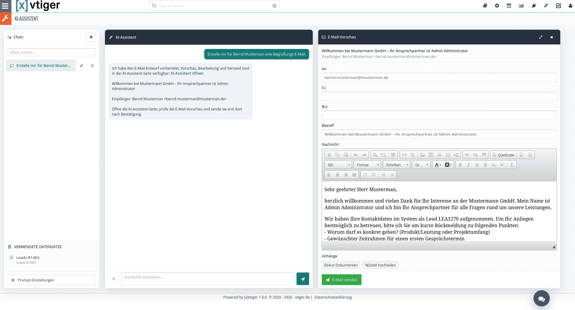 KI-Assistent-Seite in [x]vtiger mit Chat-Liste, Chatverlauf und geöffneter E-Mail-Vorschau samt Empfänger, Betreff und Nachrichtentext