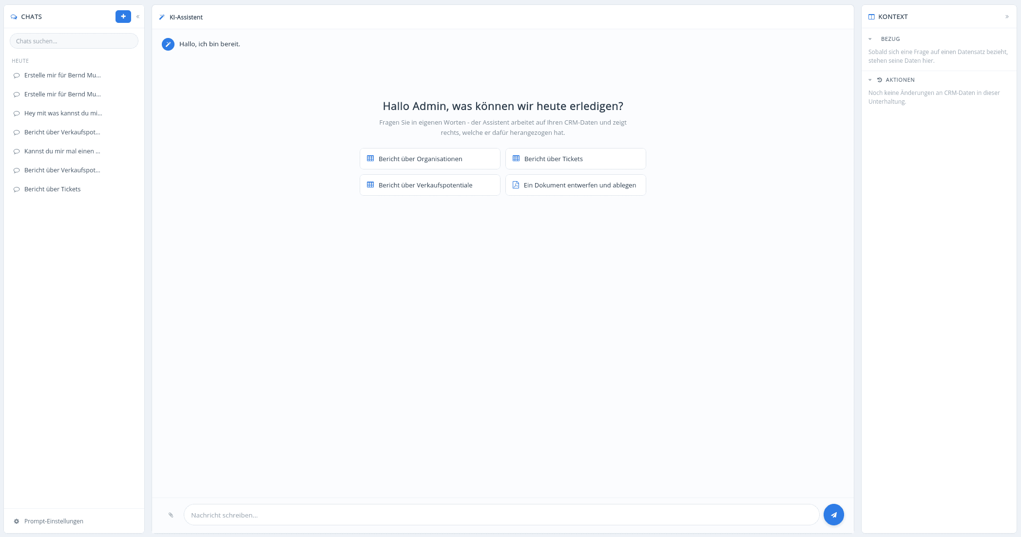 KI-Assistent-Seite in [x]vtiger mit Chat-Liste, Chatverlauf und geöffneter E-Mail-Vorschau samt Empfänger, Betreff und Nachrichtentext