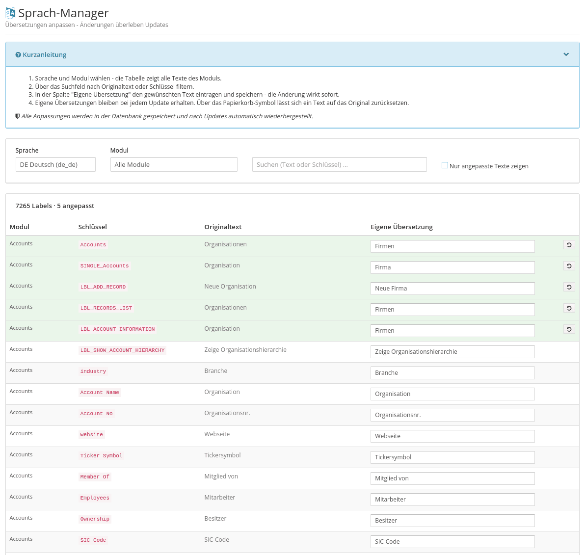 Der Sprach-Manager in den vtiger-Einstellungen mit Sprach- und Modulauswahl, Suchfeld und einer Tabelle aus Originaltexten und eigenen Übersetzungen