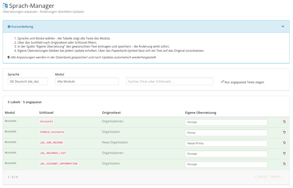 Gefilterte Ansicht „Nur angepasste Texte zeigen“ im Sprach-Manager mit fünf angepassten Labels und ihren Originaltexten