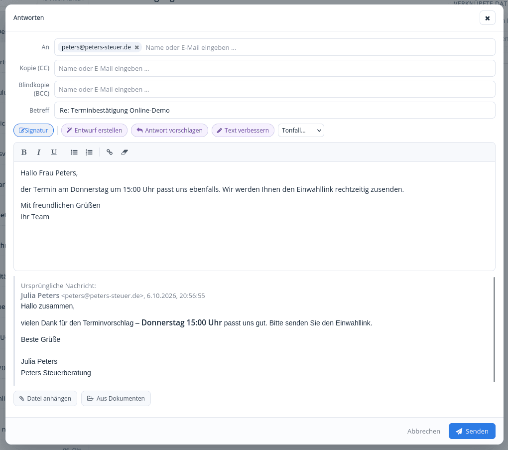 Composer-Fenster für neue E-Mail mit Empfänger-Chips, Format-Panel, Anhängen und Signatur