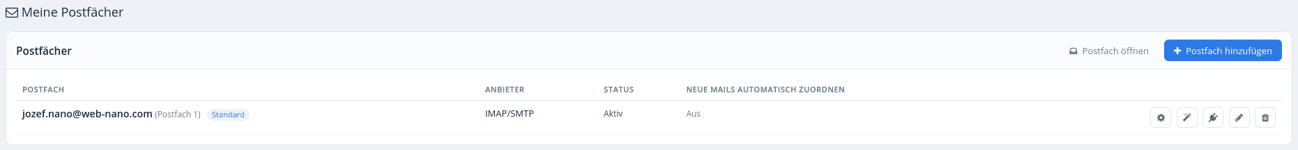 Übersicht aller eigenen Postfächer eines Benutzers mit Status und Aktionen als Icons
