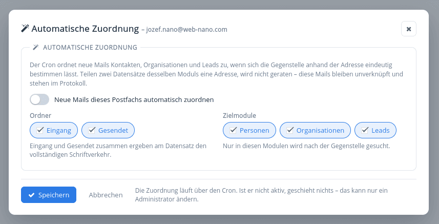 Einstellungen der automatischen Zuordnung: Ordner und Zielmodule je Postfach auswählen