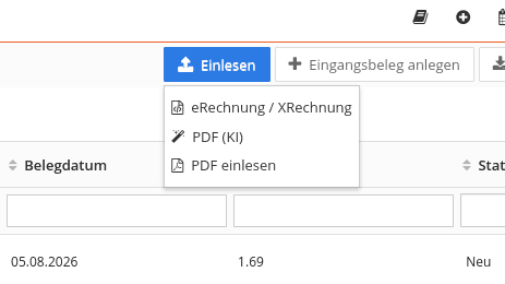 Geöffnetes Menü „Einlesen“ in der Belegliste mit den Einträgen eRechnung / XRechnung, PDF (KI) und PDF einlesen