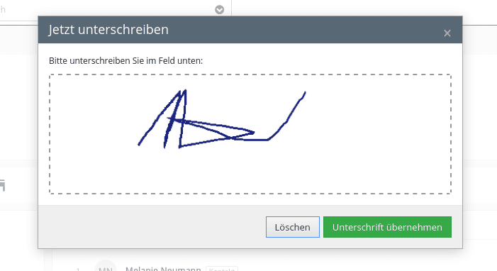 Signaturdialog direkt in vtiger CRM mit gezeichneter Unterschrift und den Schaltflächen Löschen und Unterschrift übernehmen