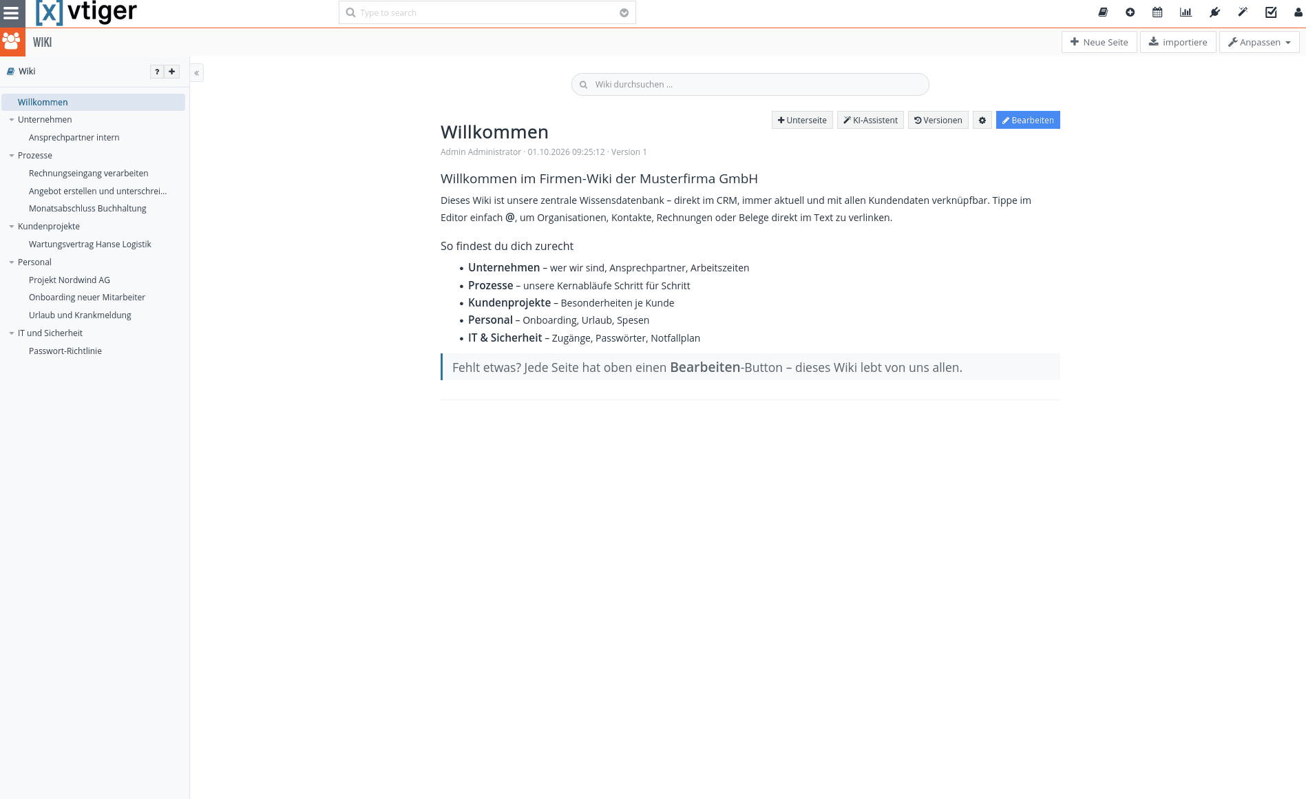 Das Wiki in [x]vtiger mit seitlichem Seitenbaum, Wiki-Suche und geöffneter Willkommensseite