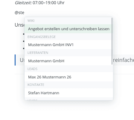 Die Eingabe @ste zeigt gruppierte Suchtreffer aus Wiki, Eingangsbelegen, Lieferanten, Leads und Kontakten