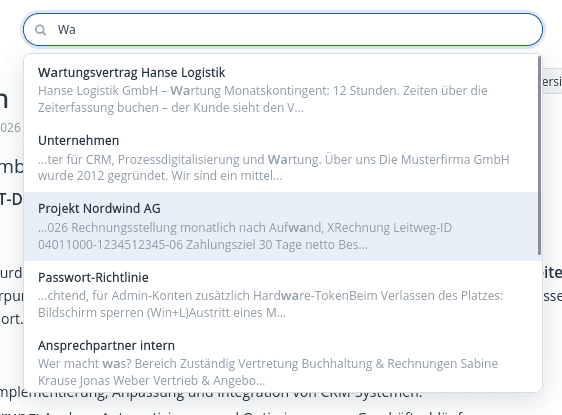 Wiki-Suche mit Live-Vorschlägen und Textauszügen zu Wartungsvertrag, Unternehmen und Kundenprojekt