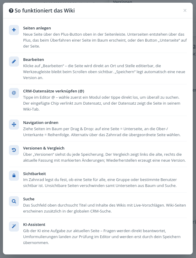 Integrierte Wiki-Hilfe mit Erklärungen zu Seiten, Editor, CRM-Verknüpfungen, Navigation, Versionen, Sichtbarkeit, Suche und KI