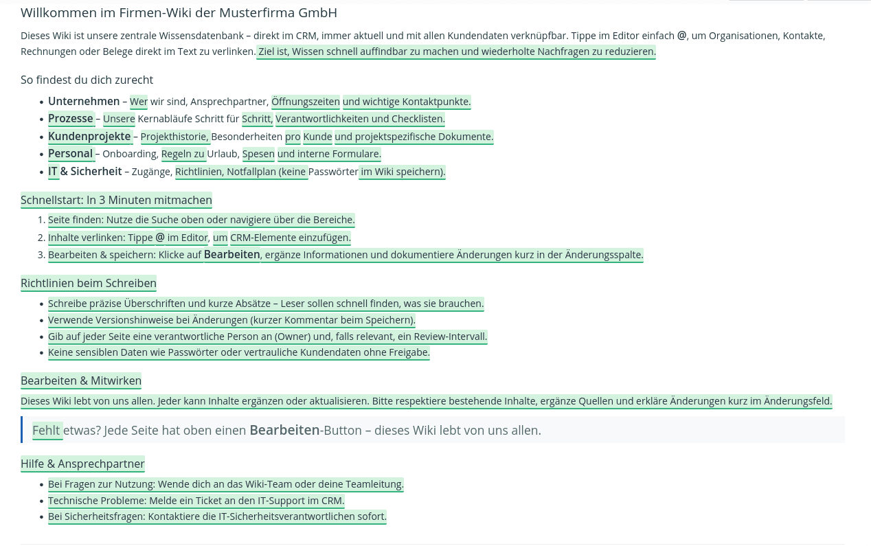 Wiki-Editor mit grün markierten KI-Vorschlägen für ergänzten oder verbesserten Text vor dem Speichern