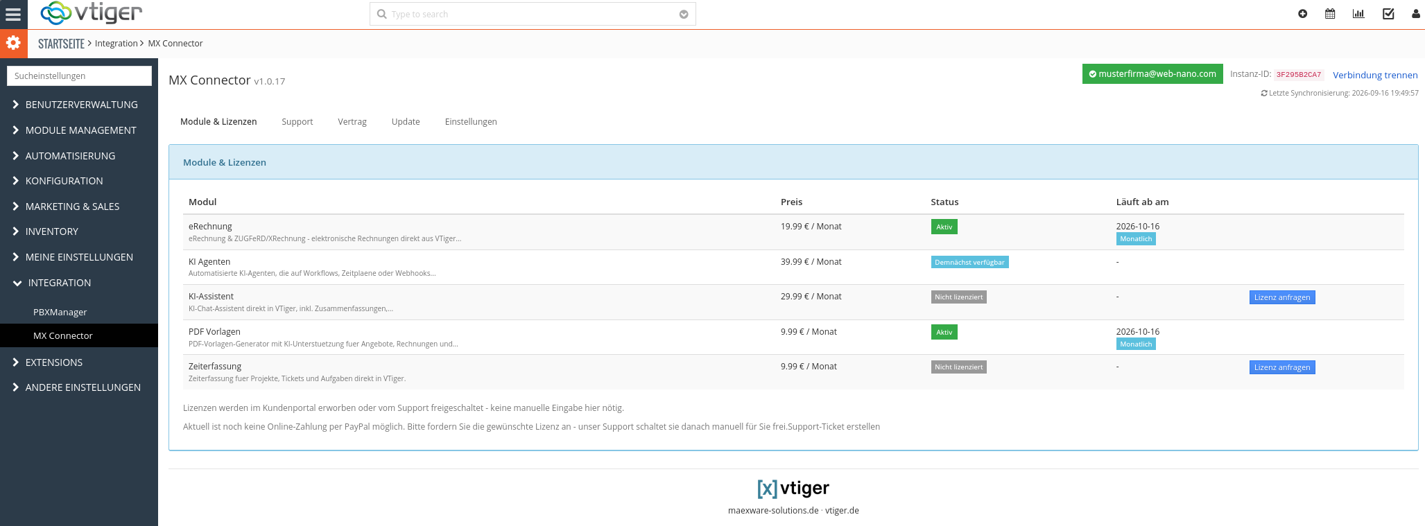 MX Connector – Übersicht Module & Lizenzen in vtiger