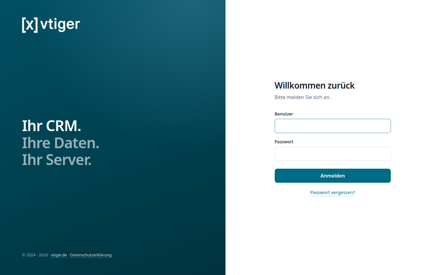 Neue [x]vtiger-Anmeldung mit Benutzername, Passwort und Link zum Zurücksetzen des Passworts