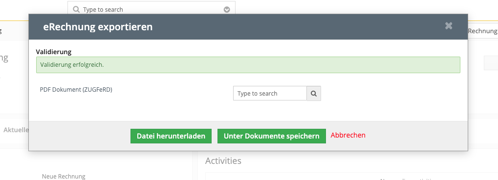 eRechnung PopUp Auswahl